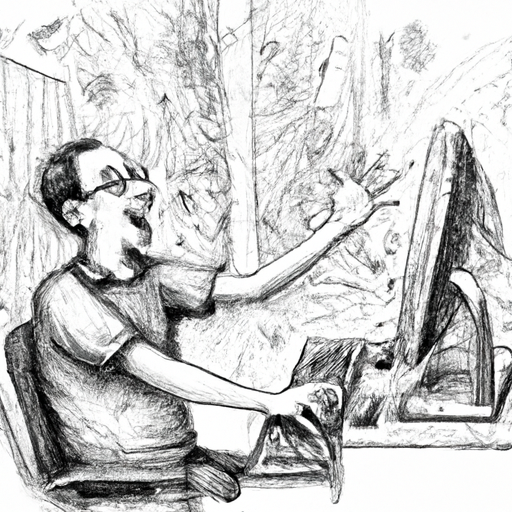 A data scientist sitting at a computer and typing excitedly.  Pencil sketch with lots of details